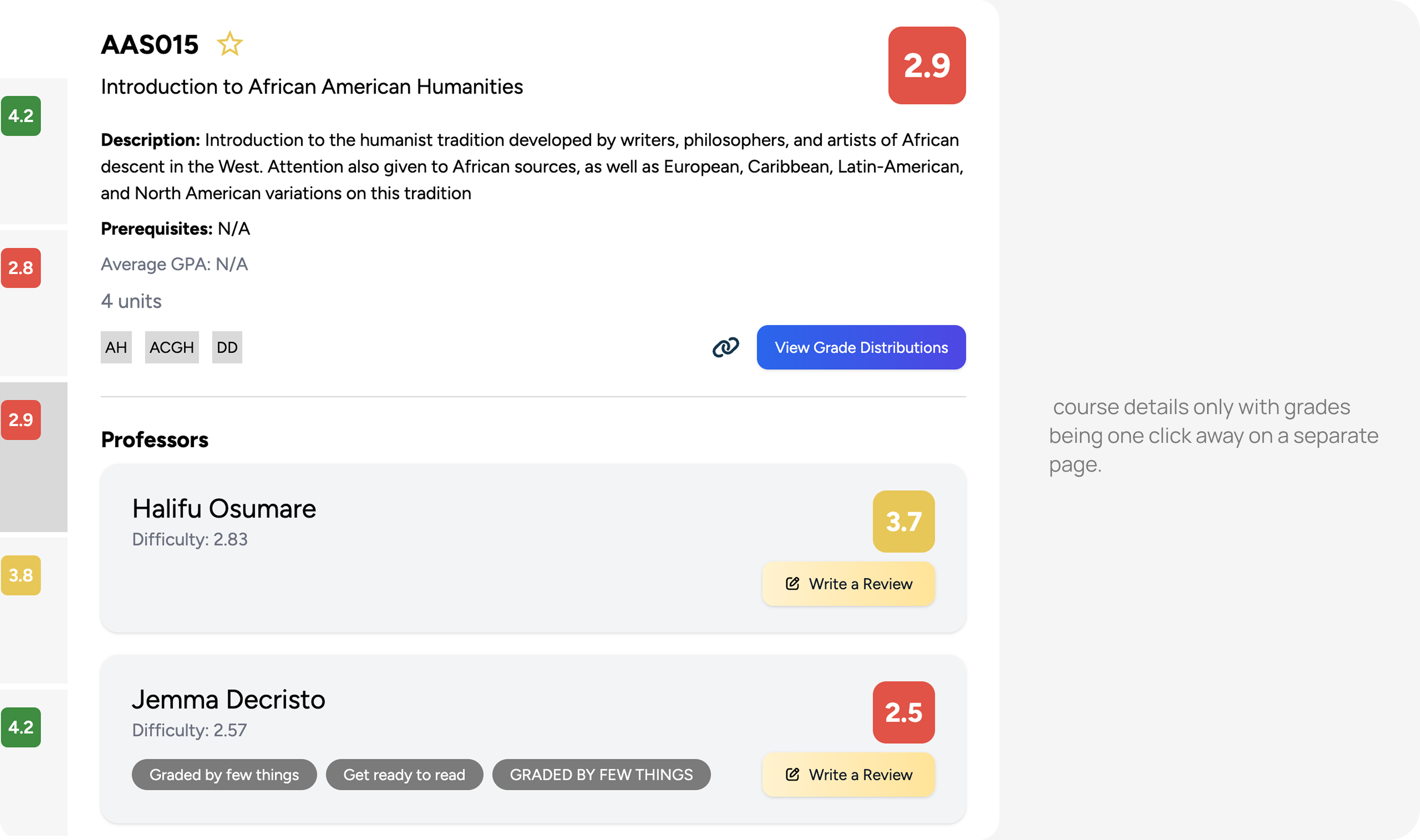 Before: the AAS015 course page shows course details and professors only; grades sit behind a View Grade Distributions button on a separate page.
